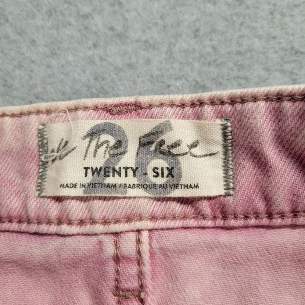 Free People We The Free Pink Acid Wash Fringe Tulip Hem Denim Mini Skirt Size 26